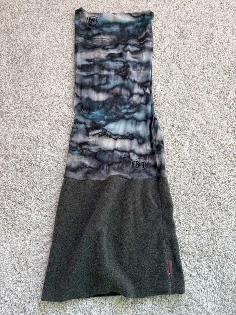 Buff Neck Gaiter in Teal and Gray Marble with Olive Fleece